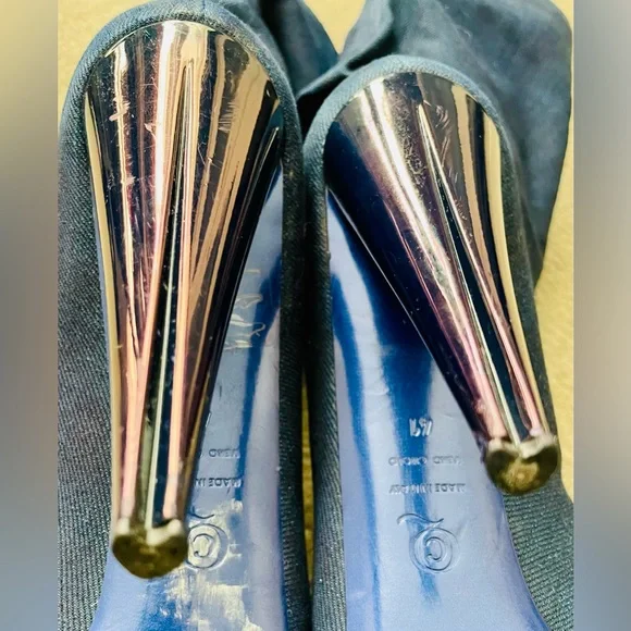 ALEXANDER McQueen Navy Denim Open Peep Toe Mid Calf Heeled Boots